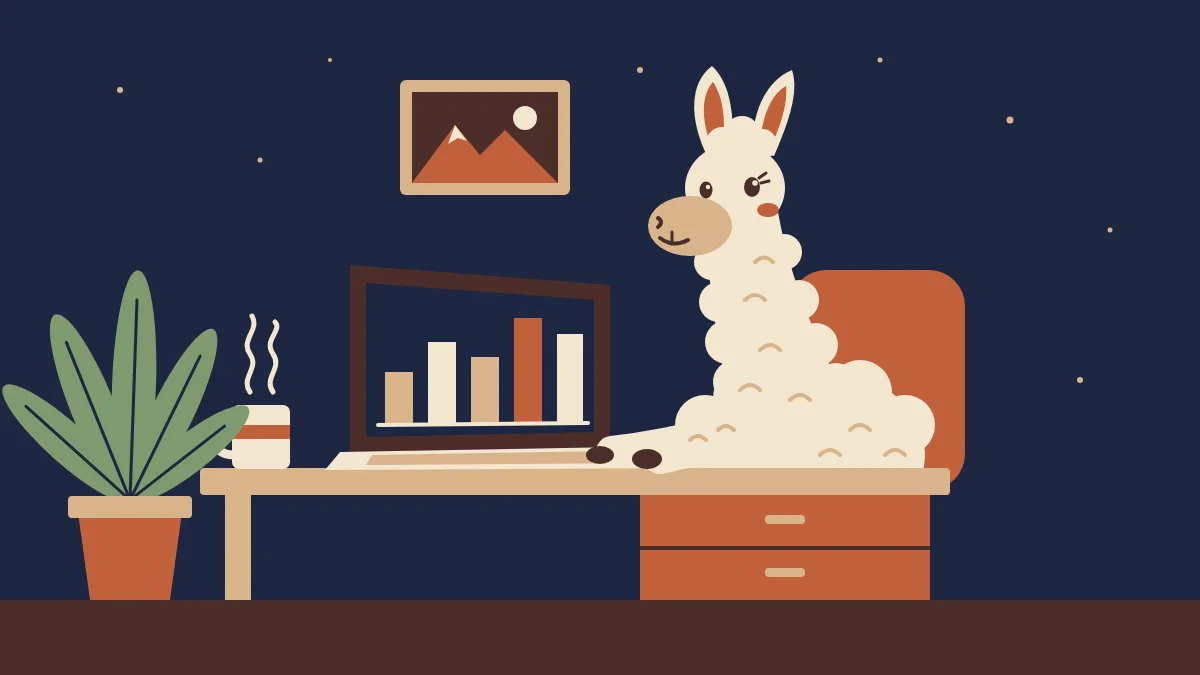 Płaska ilustracja SVG: lama przy biurku z laptopem, roślina i kubek kawy