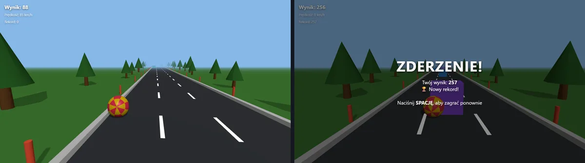 Gra 3D z kulą na drodze wśród choinek i ekran zderzenia z wynikiem