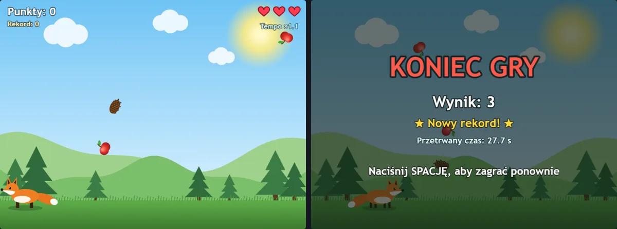 Gra 2D z lisem łapiącym jabłka i ekran końca gry z wynikiem 3