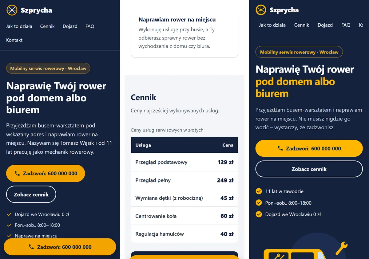 Trzy zrzuty z telefonu: nagłówek i cennik wersji medium oraz nagłówek wersji high