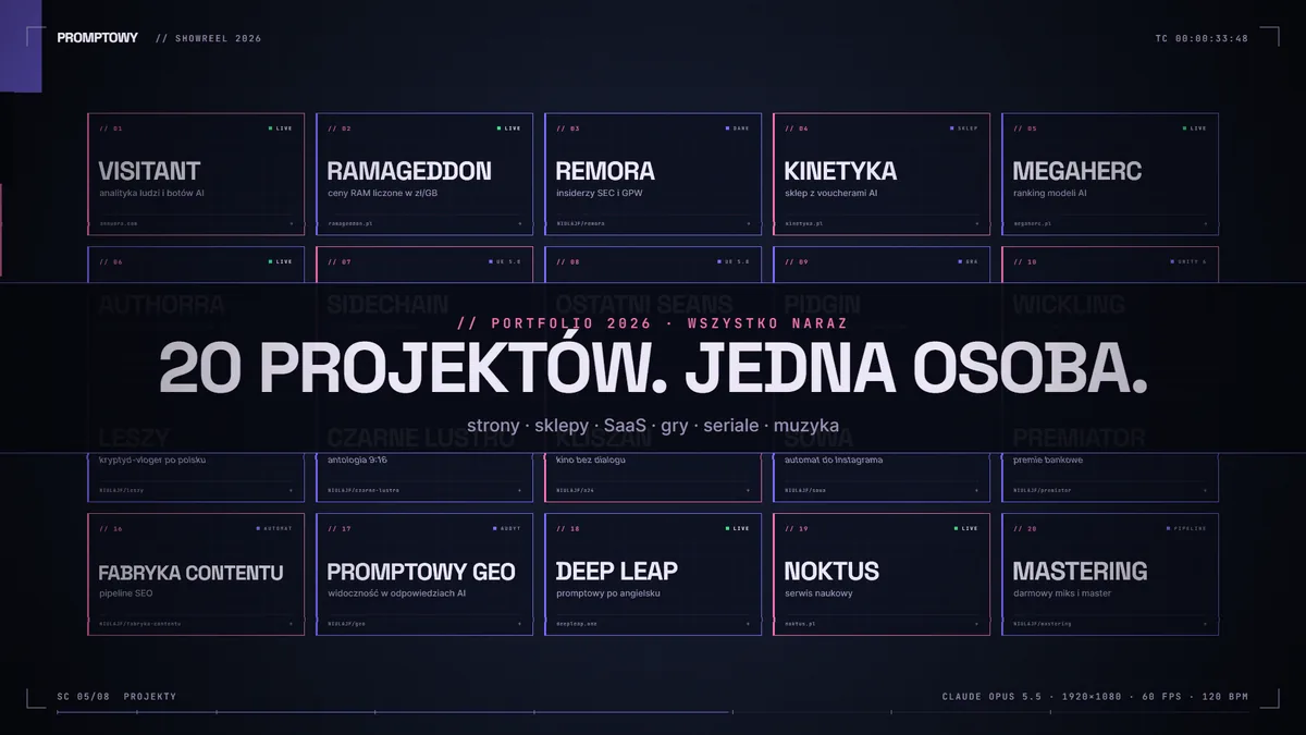 Scena z siatką kart 20 projektów i napisem 20 projektów jedna osoba