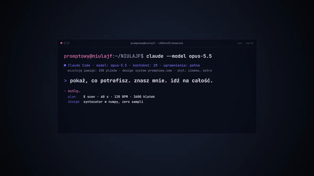 Pierwsza scena showreelu: terminal z poleceniem claude --model opus-5.5 i planem 8 scen, 60 sekund, 120 BPM