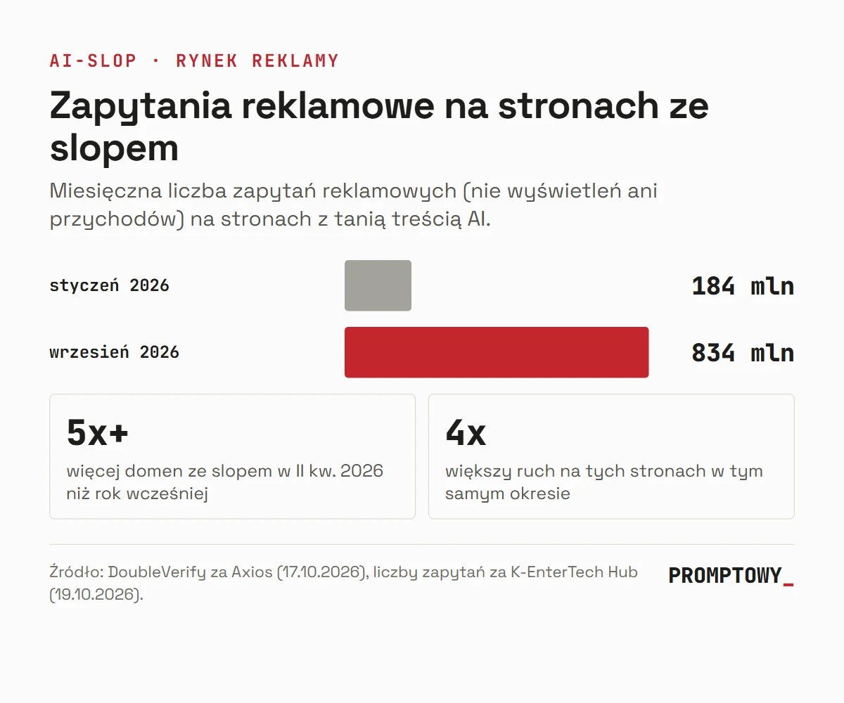 Wykres: zapytania reklamowe na stronach ze slopem wzrosły ze 184 mln w styczniu do 834 mln we wrześniu 2026