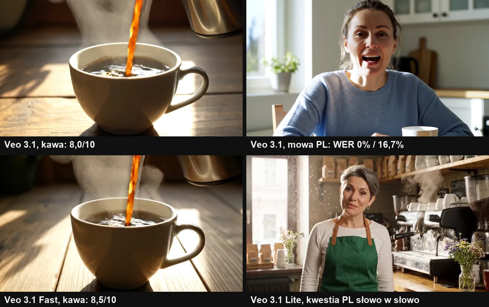 Cztery kadry z testów Veo: kawa z Veo 3.1 i Veo 3.1 Fast, kobieta mówiąca po polsku i baristka z Veo 3.1 Lite