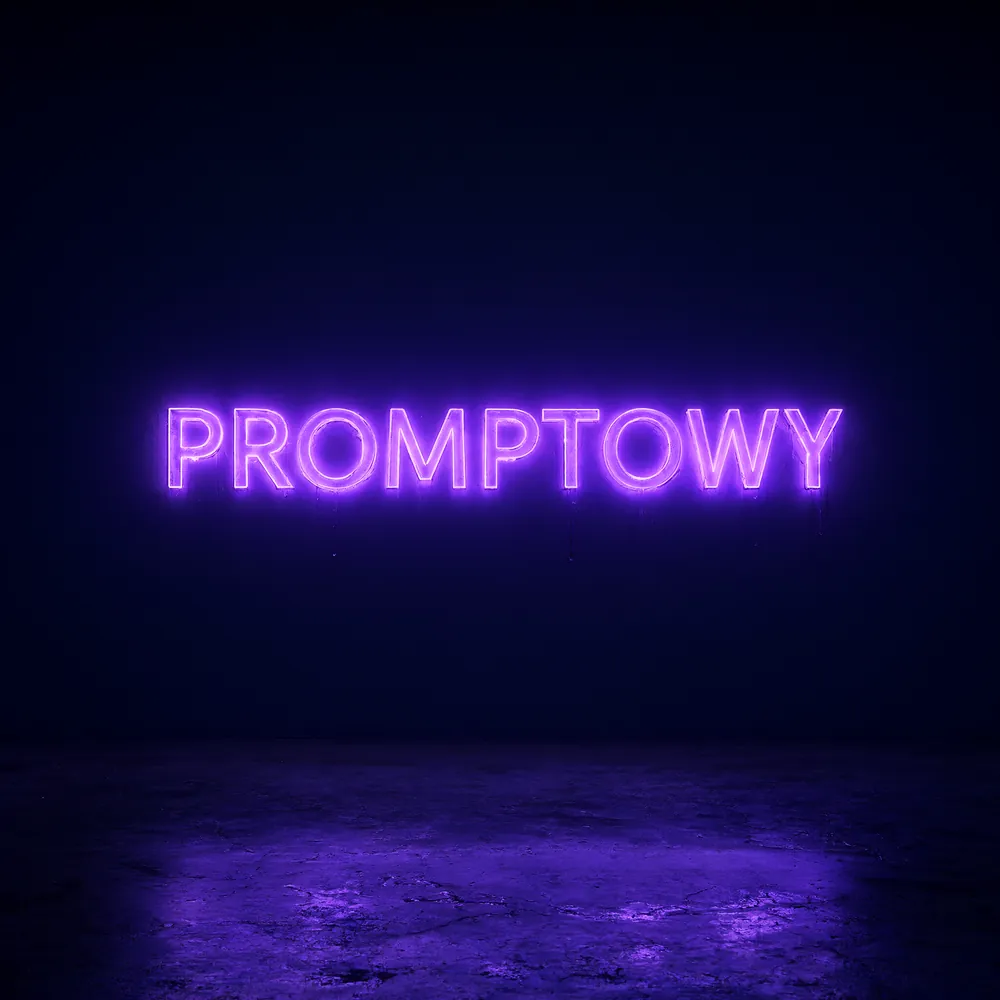 Neon z napisem PROMPTOWY wygenerowany lokalnie w rozdzielczości 2048x2048 - napis wyszedł bezbłędnie za pierwszym razem.