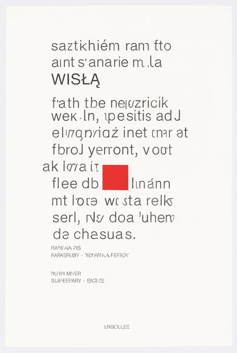 Styl szwajcarski: siatka, światło i czerwony prostokąt na miejscu, ale cała kolumna tekstu to znaki bez znaczenia.