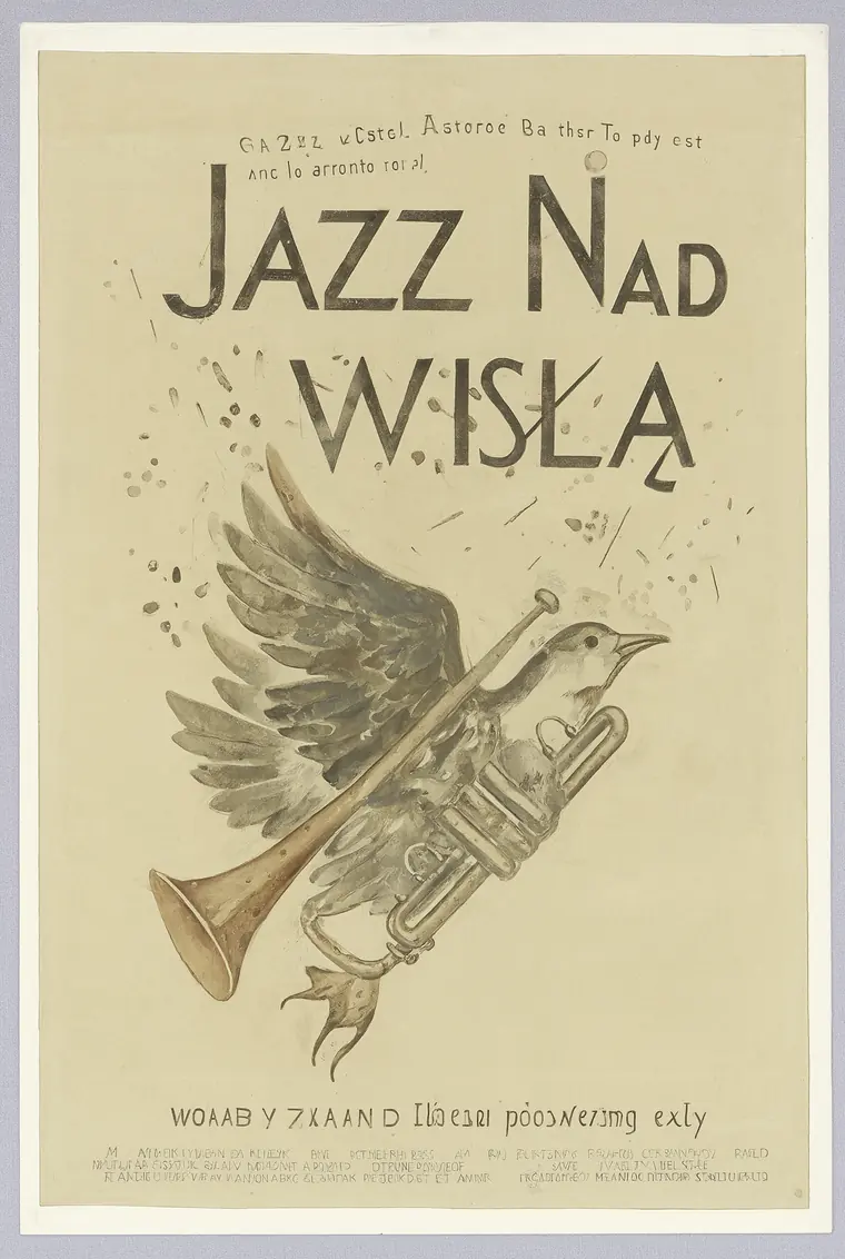 Polska szkoła plakatu: trąbka przechodząca w ptaka, malowana gwaszem, ręcznie pisany tytuł z poprawnym Ą. Drobny tekst pod ilustracją jest nieczytelny.