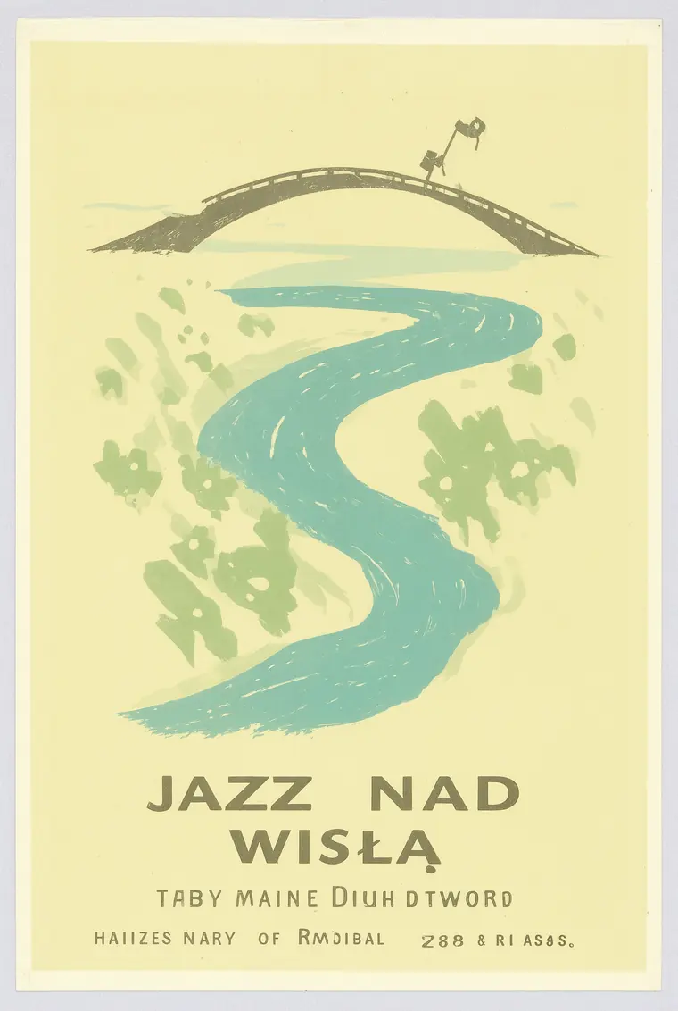 Plakat podróżny z lat 50.: płaskie plamy, rzeka i mostek, poprawny nagłówek, podpis pod nim nieczytelny.