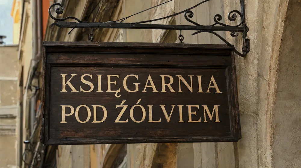 Szyld księgarni. Pierwszy wiersz idealny, w drugim Ż zamieniło się w Ź, a W w V - model podmienił litery, nie zgubił ogonków.