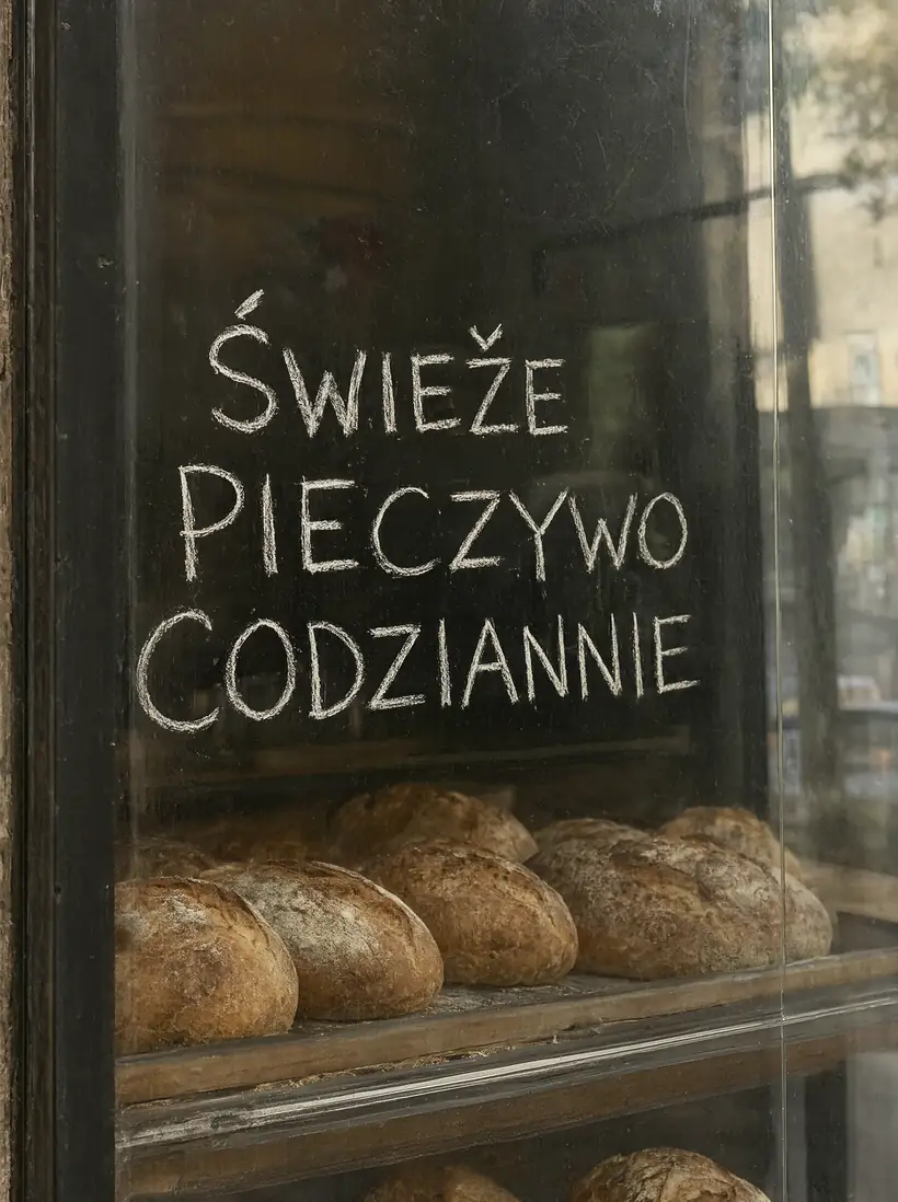 Kredowa tablica w piekarni. Ś i Ż poprawne, ale w trzecim wyrazie E zamieniło się w A.