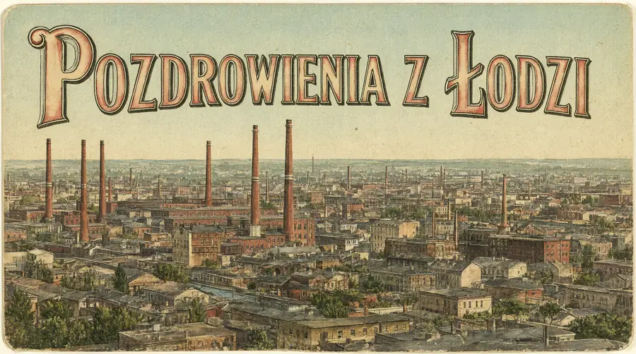 POZDROWIENIA Z ŁODZI w ozdobnym kroju z XIX-wiecznych pocztówek, z poprawnym Ł. W tle panorama miasta z kominami fabrycznymi.
