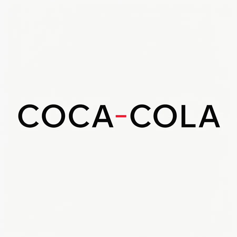 Coca-Cola w ścisłej typografii szwajcarskiej: czarne kapitaliki groteski, jedna cienka czerwona kreska, dużo światła.