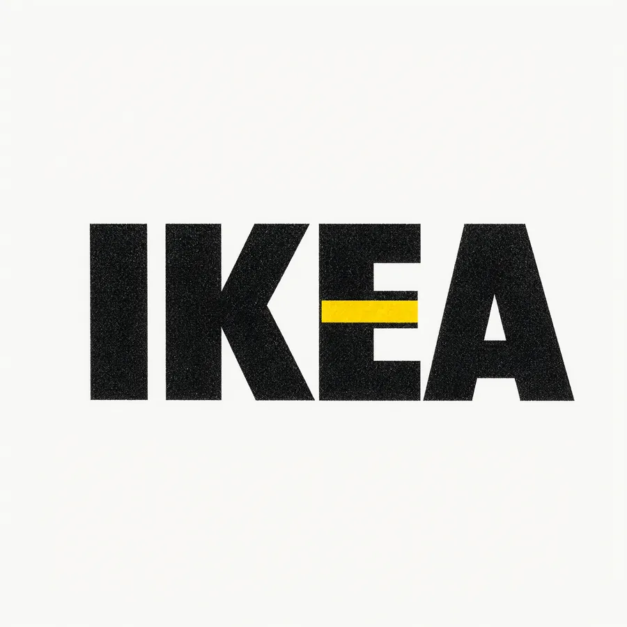 IKEA w konwencji brutalistycznej: ciężkie zwężone kapitaliki wypełniające planszę, ziarno kserokopii, jeden żółty pasek.