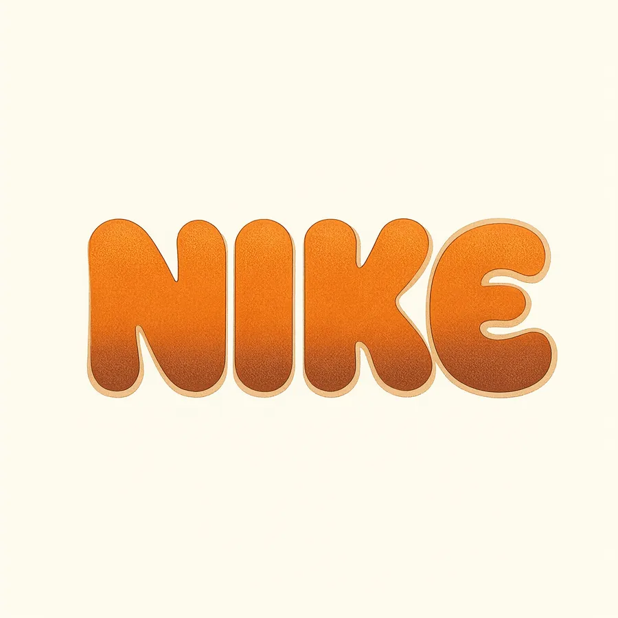 Nike w stylistyce odzieży sportowej z lat 70.: kremowa plansza, zaokrąglone litery w pomarańczu i brązie, delikatny raster.