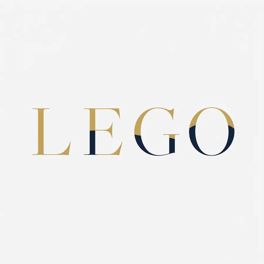 Lego jako dom mody: cienkie złote kapitaliki szeryfowe z szeroką interlinią na granacie, zero ozdobników.