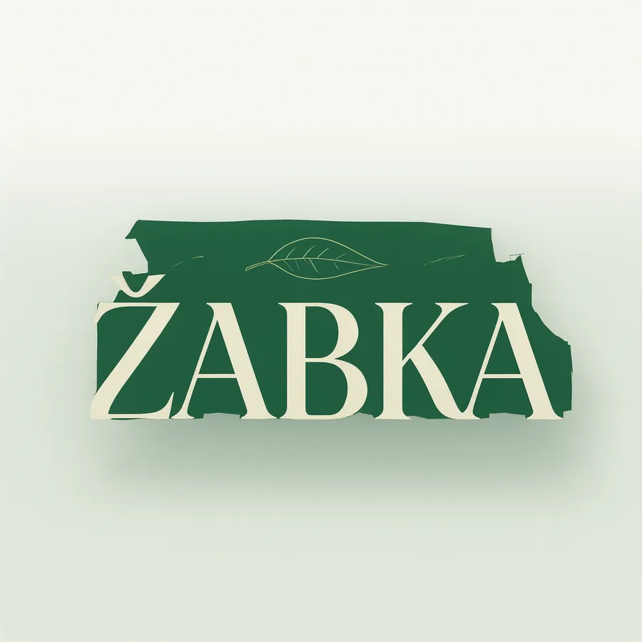 Żabka jako delikatesy premium: ciemna zieleń, kremowe kapitaliki szeryfowe, jeden subtelny rysunek liścia. Ż z kropką na miejscu.