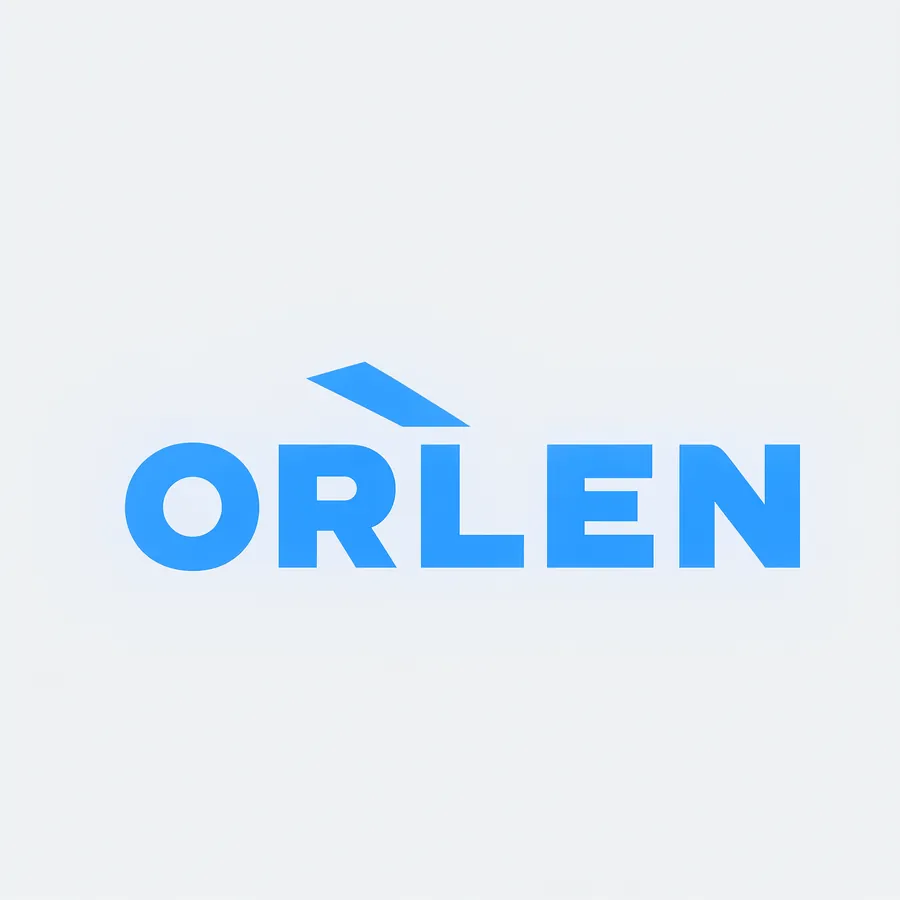 Orlen w konwencji czystej energetyki: jasnoszara plansza, geometryczna groteska w elektrycznym błękicie, jeden kątowy znak.