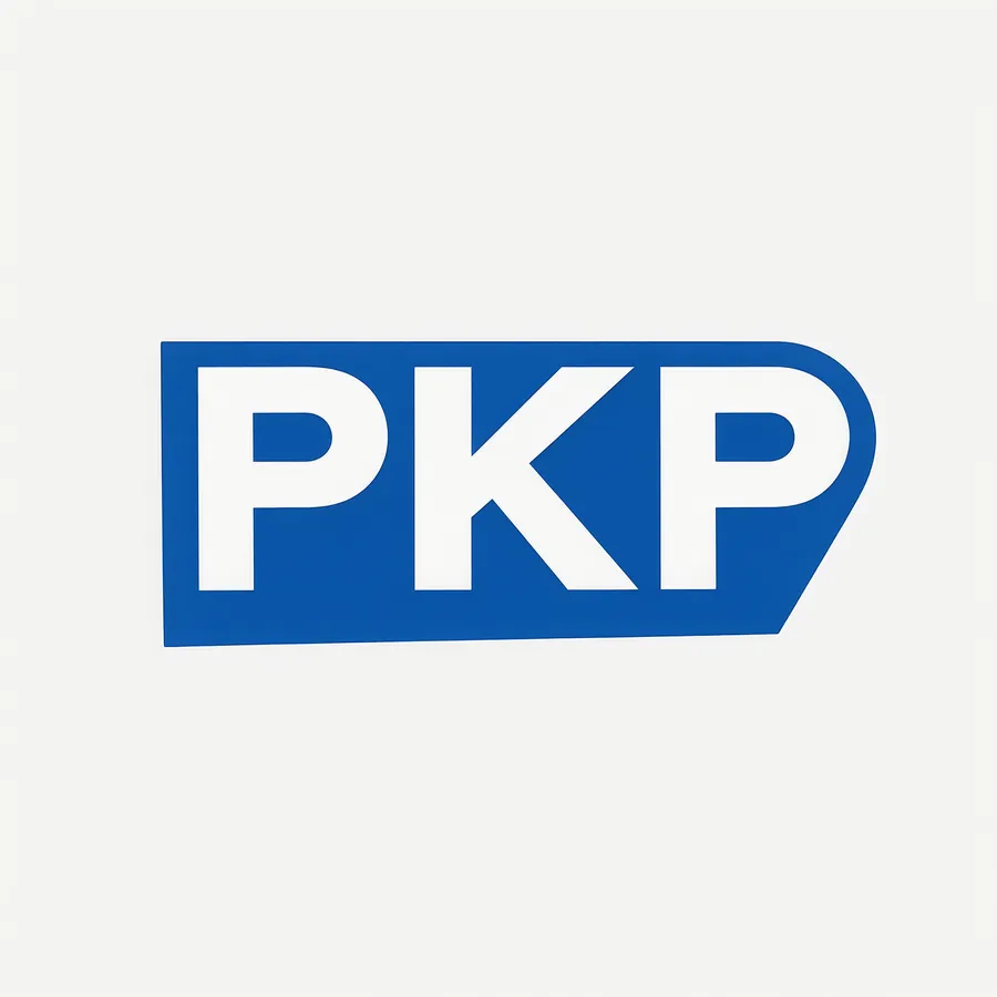 PKP w konwencji oznakowania transportowego z połowy XX wieku: granat, białe geometryczne kapitaliki, jedna pozioma linia prędkości.