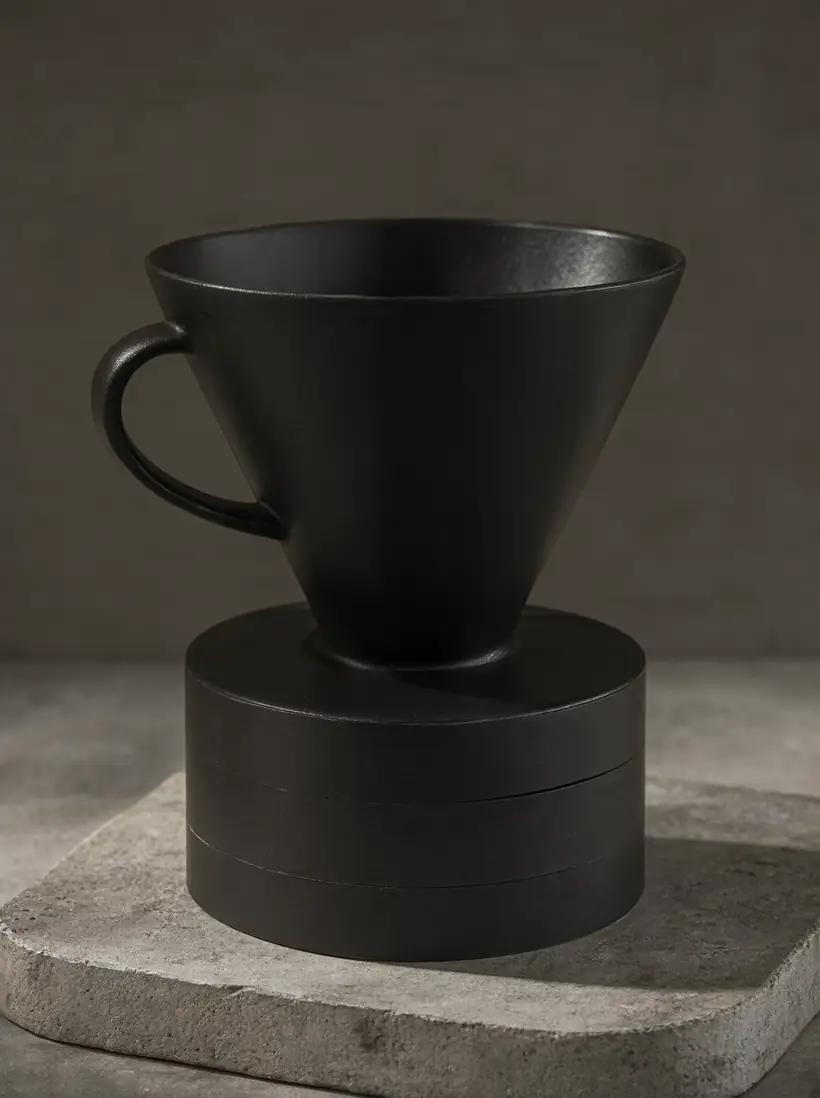 Zdjęcie produktowe: matowy ceramiczny drip, jedno twarde światło z prawej, głęboki cień na betonie. Poziom katalogowy.