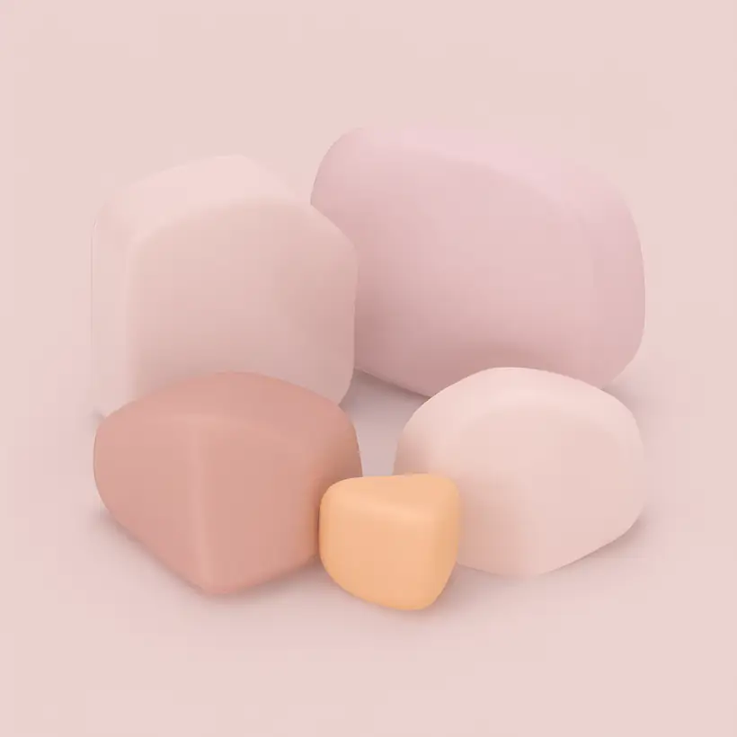 Render 3D: miękkie zaokrąglone bryły w pastelowej glinie, subtelne zacienienie, różowe tło.
