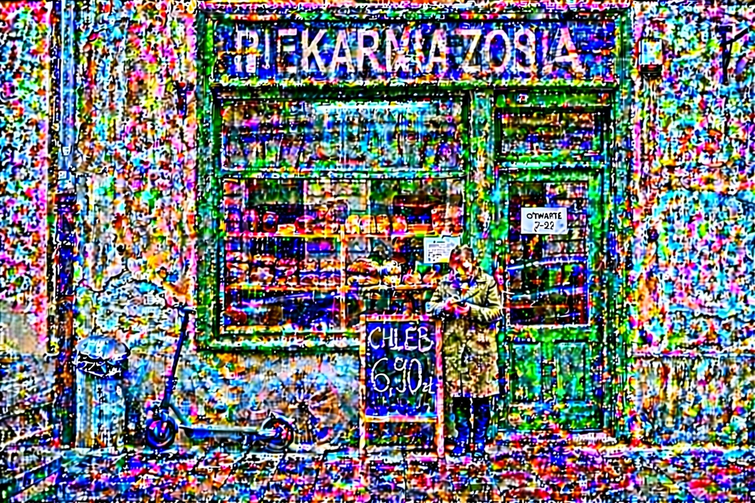 Piekarnia po 10 edycjach w Qwen-Image-2.1 z silnym kolorowym szumem