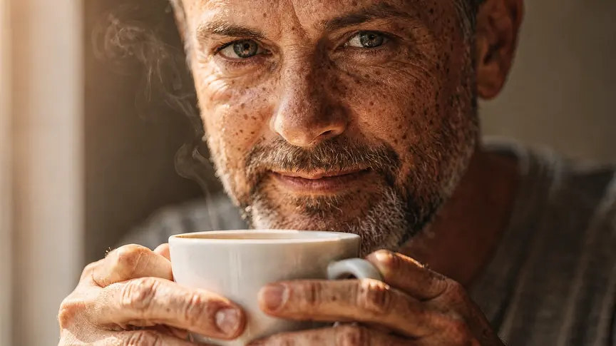 FLUX.2 Pro: portret mężczyzny z piegami i siwym zarostem trzymającego filiżankę kawy