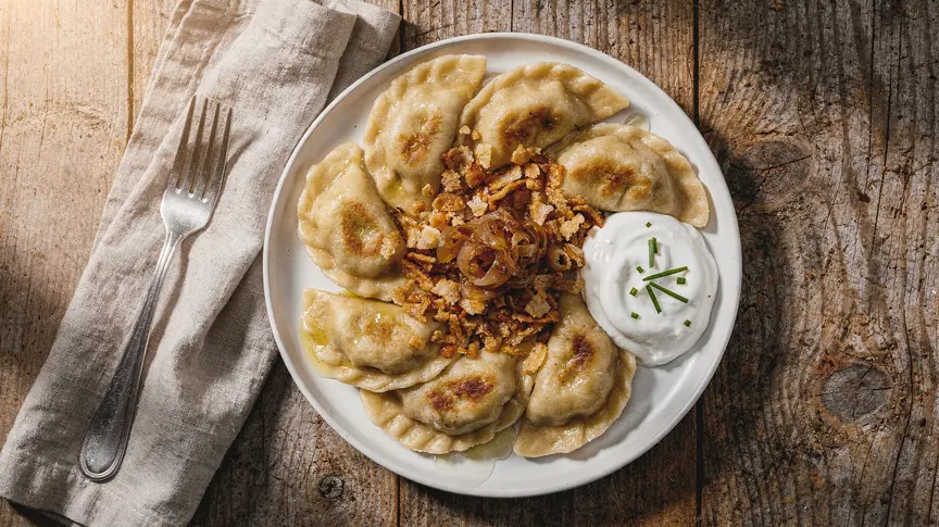 FLUX.2 Pro: talerz podsmażanych pierogów z cebulką i śmietaną na drewnianym stole