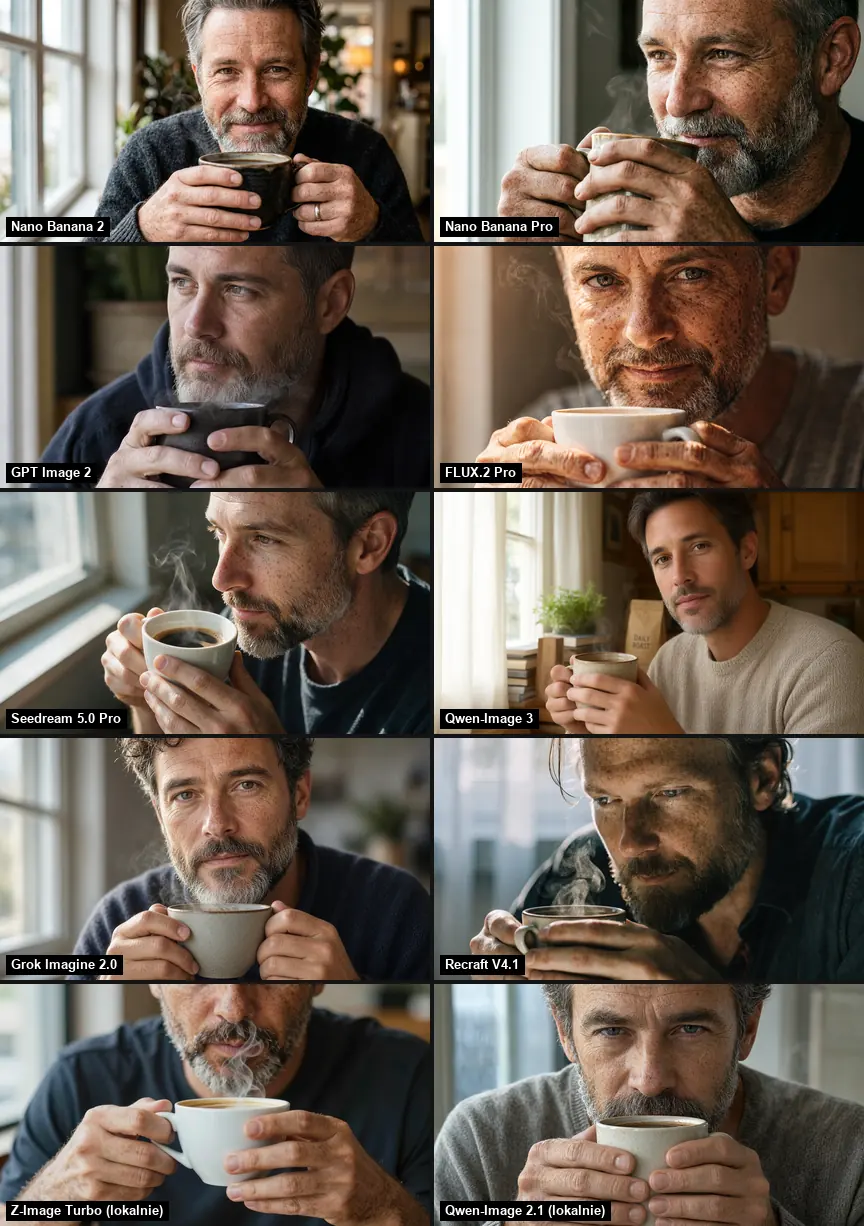 Dziesięć portretów mężczyzny z brodą trzymającego kubek kawy obiema dłońmi