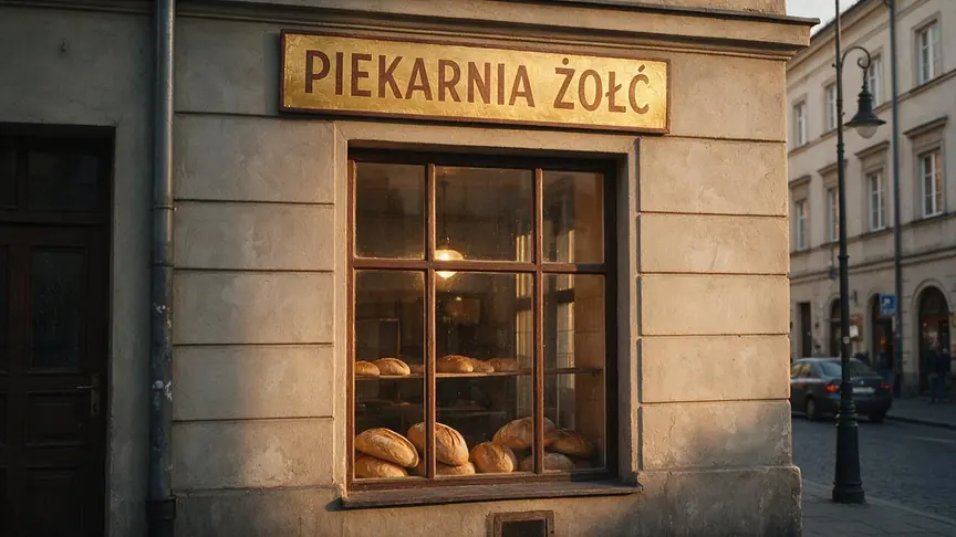 Seedream 5.0 Pro: jasny szyld PIEKARNIA ŻÓŁĆ nad oknem piekarni