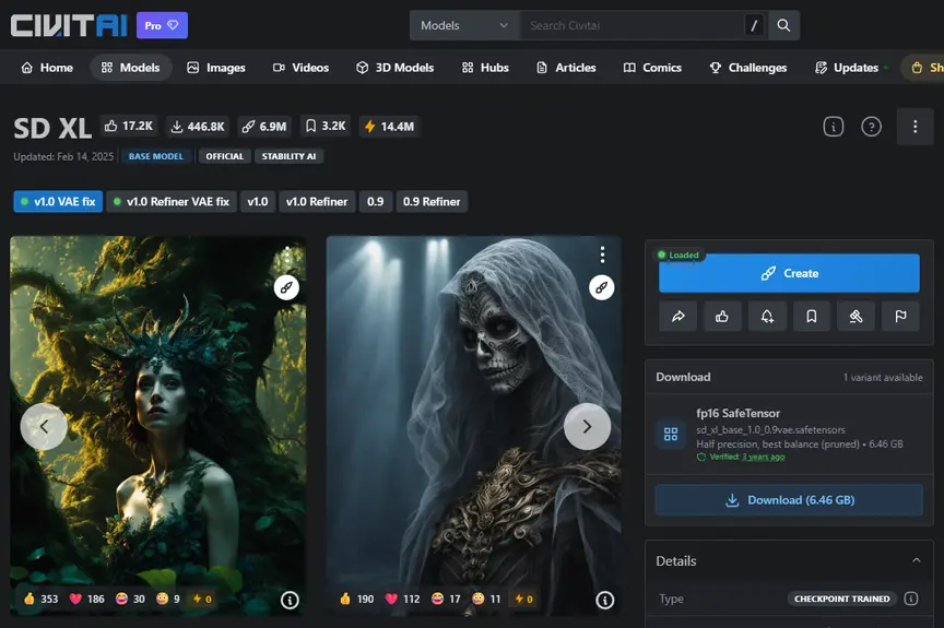 Strona modelu SD XL na civitai.com z przykładowymi obrazami, statystykami i panelem pobierania
