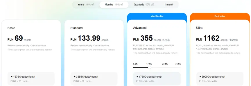 Cennik Dreaminy w złotych: Basic 69 zł, Standard 133,99 zł, Advanced 355 zł, Ultra 1162 zł miesięcznie