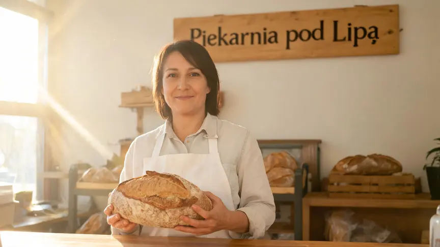 Wygenerowana piekarka z bochenkiem chleba pod szyldem Piekarnia pod Lipą, obraz z Seedream 5.0 Lite