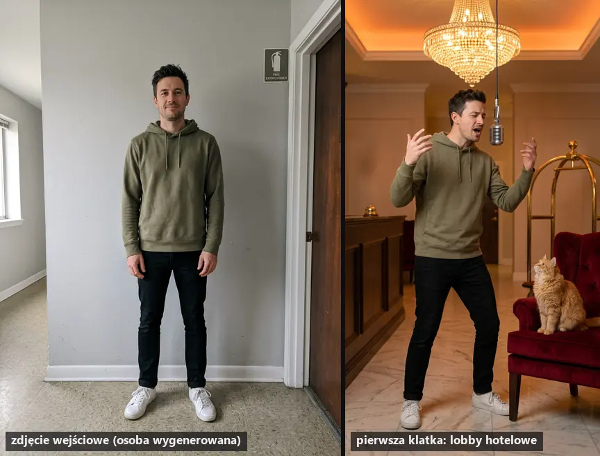 Hotel Lobby AI: zdjęcie wygenerowanej osoby i ta sama postać w lobby hotelowym przy wiszącym mikrofonie