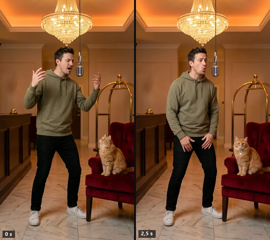 Dwie klatki z wideo AI w lobby hotelowym: początek i połowa klipu, twarz bez zmian