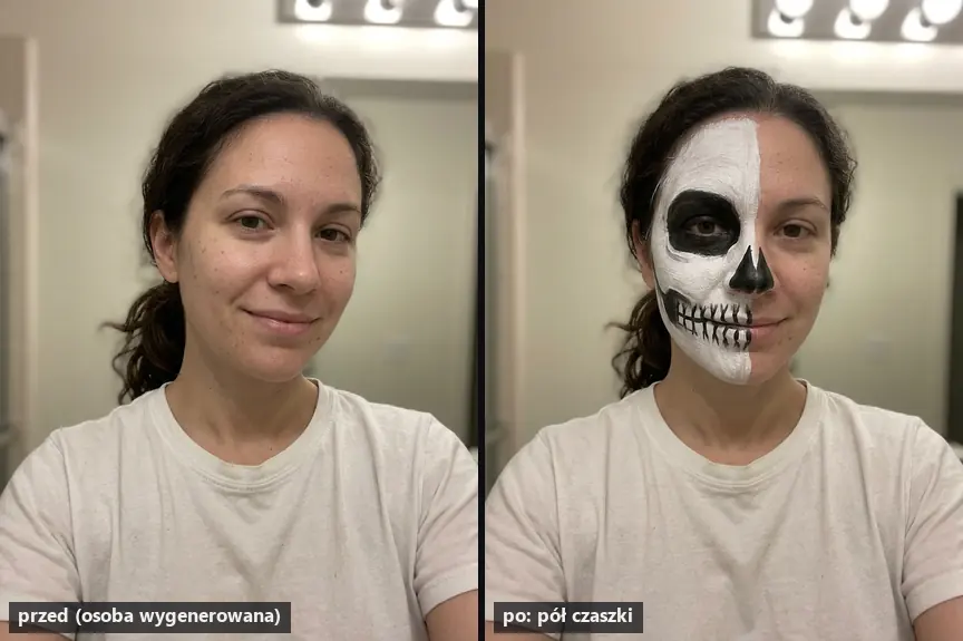 Makijaż na Halloween w AI: selfie kobiety bez makijażu i to samo zdjęcie z makijażem pół czaszki
