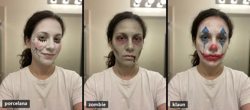 Trzy makijaże na Halloween na tym samym zdjęciu: porcelanowa lalka z pęknięciami, zombie i straszny klaun