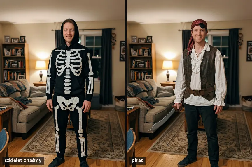 Dwa przebrania na Halloween na tym samym zdjęciu: szkielet z czarnej bluzy i białej taśmy oraz pirat z chustą