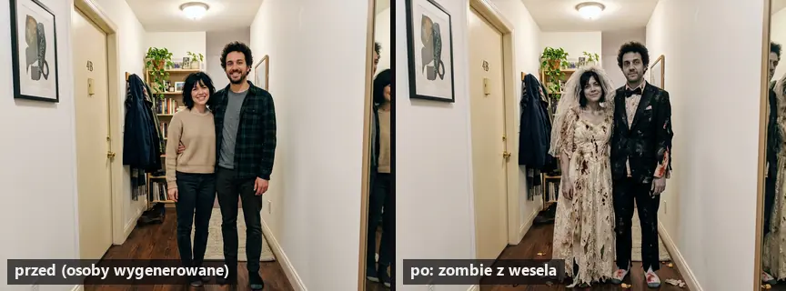 Para przed i po przebraniu na Halloween w AI: zombie w podartej sukni ślubnej i garniturze