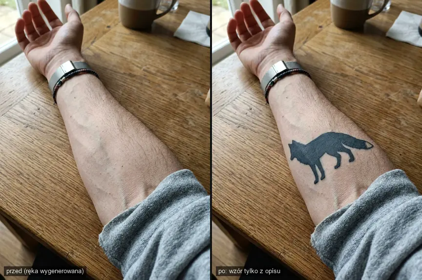 Przedramię przed i po dodaniu tatuażu blackwork z lisem, wygenerowanego z opisu