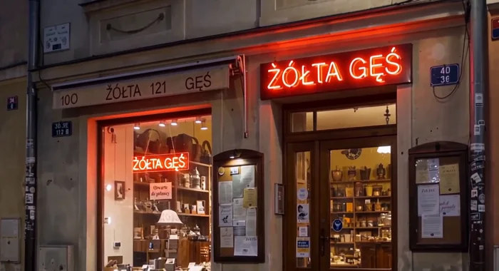 Neon ŻÓŁTA GĘŚ z poprawnymi ogonkami - dwa razy, bo model sam dodał drugi neon w witrynie. Szyld nad oknem ma dopisane liczby, których nie było w poleceniu.
