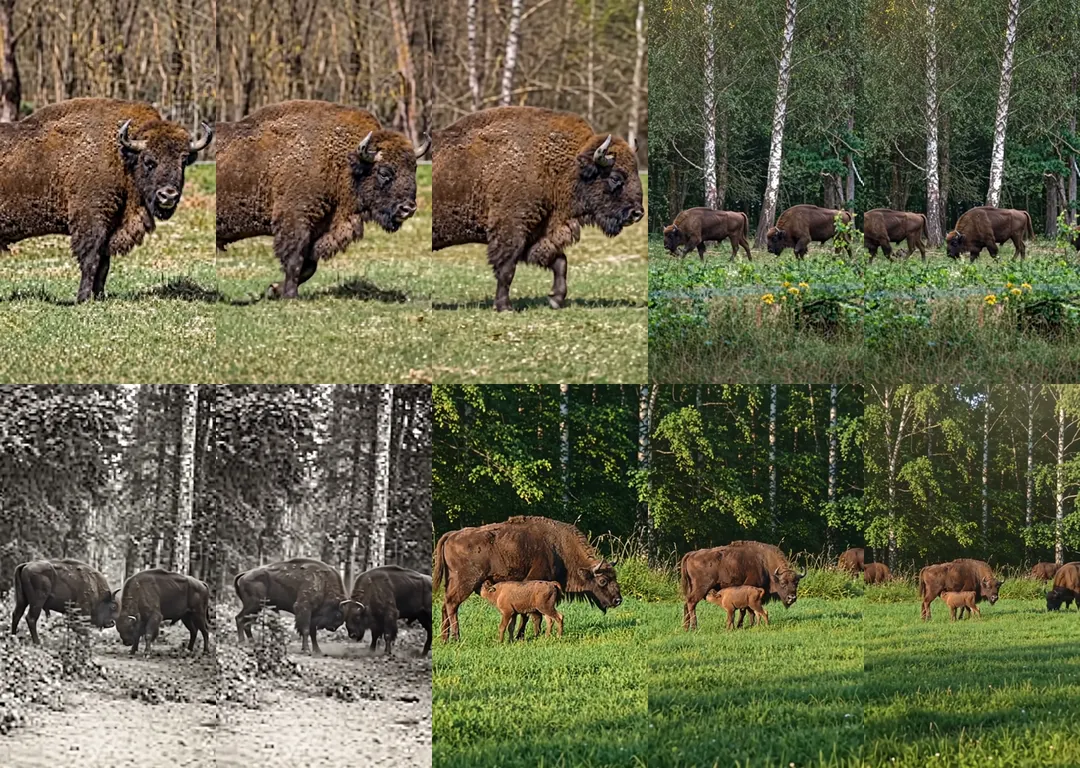 Klatki z 15-sekundowego filmu zrobionego z PDF hasła Żubr z polskiej Wikipedii. Cztery ujęcia, w tym czarno-białe przy zdaniu o tym, że gatunek prawie wyginął.